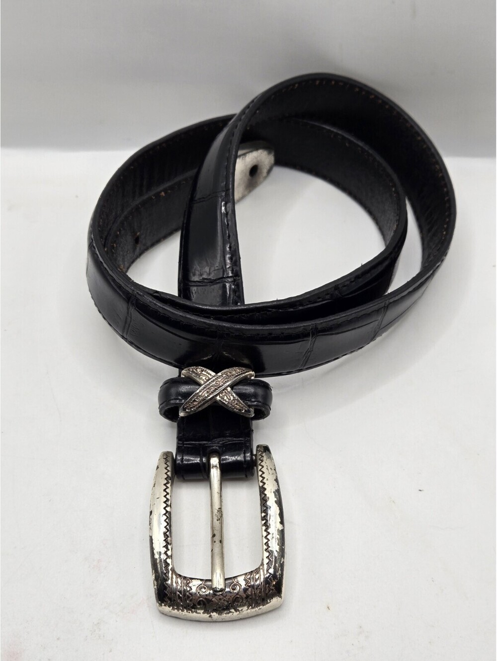 Vintage Amiee Lynn Black Croc Embossed Leather Belt Silver Ornate Buckle Size M